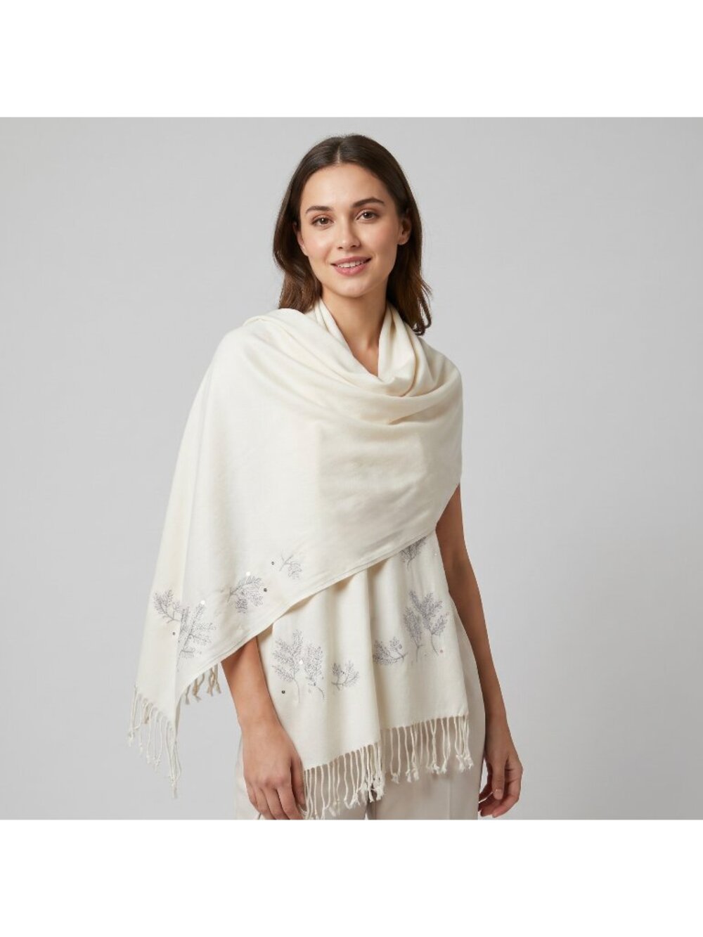 H&M Women's Cream Embroidered Oversized Pashmina Shawl Wrap with Fringe 80"x28"